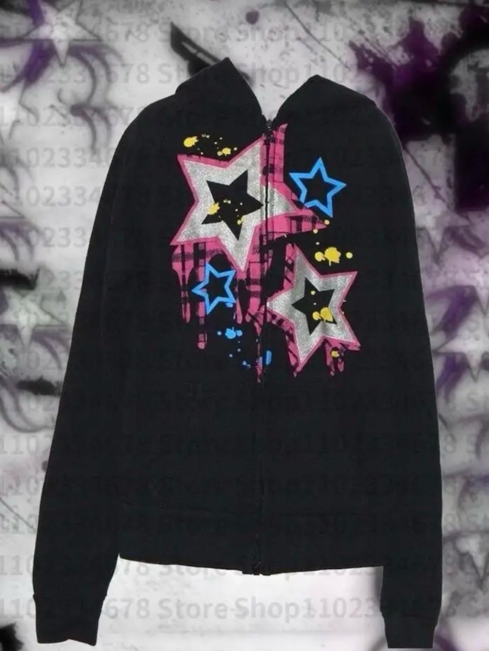 Emo Black Girls' Star Graphic Zip Hoodie with Colorful Accents